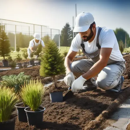 Gärtner pflanzt junge Bäume und Sträucher im Gartenbau unter freiem Himmel ein.