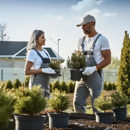 Zwei Gärtner pflanzen kleine Tannenbäume in einem modernen Gartenbaubetrieb.