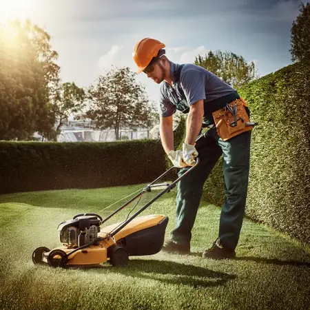 Gärtner mäht mit Rasenmäher den gepflegten Rasen, Gartenarbeit im Sonnenschein