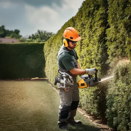 Gärtner schneidet mit Heckenschere eine hohe Hecke im gepflegten Garten zurecht.
