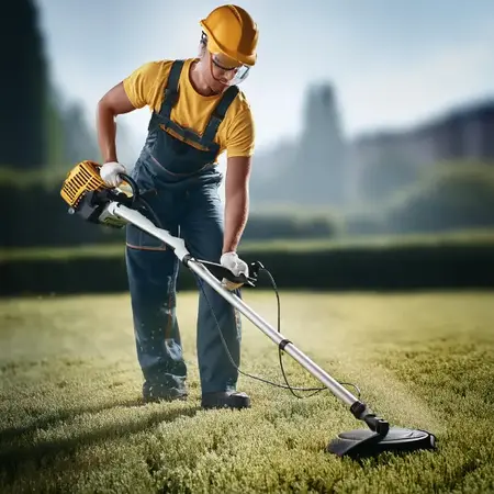 Mann mit Schutzkleidung trimmt Rasen im Garten mit einem leistungsstarken Rasentrimmer.