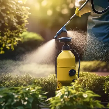 Gärtner sprüht Pflanzen im Garten mit gelbem Drucksprüher zum Pflanzenschutz.