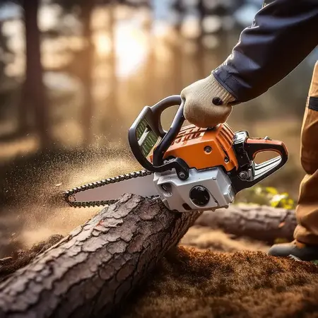 Forstarbeiter zersägt Baumstamm mit Motorsäge im Wald bei Sonnenlicht.