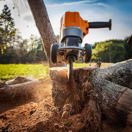 Baumstumpffräse entfernt Holzstumpf im Garten, Holzspäne fliegen bei sonnigem Wetter.
