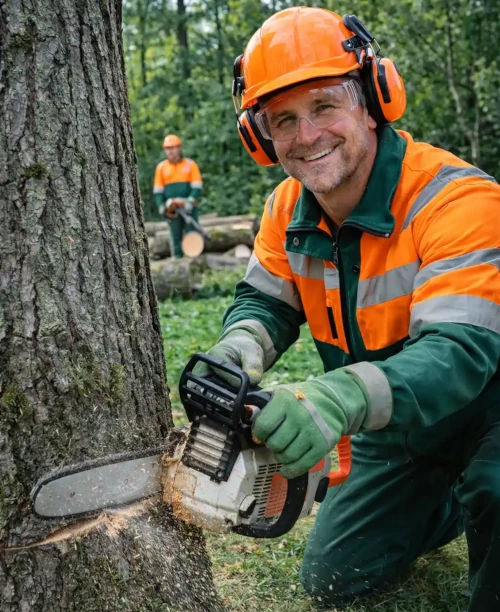 Forstarbeiter mit Schutzkleidung fällt Baum mit Motorsäge im Wald, Holzarbeiten, Sicherheit.