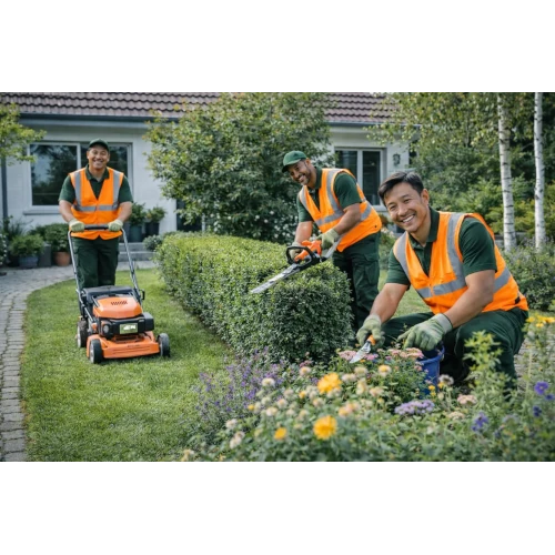 Drei Gärtner pflegen Hecke und Rasen vor Einfamilienhaus, Gartenarbeit im Sommer.